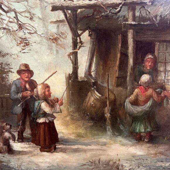 Vintage Oil Painting Panel with Large Wood & Gold Ornate Frame Little Musician - Picture 7 of 10